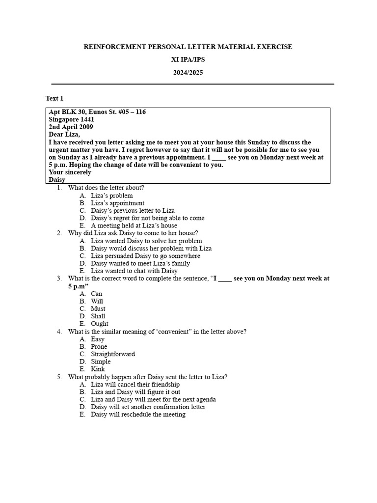 Reinforcement Personal Letter Material Exercise | PDF