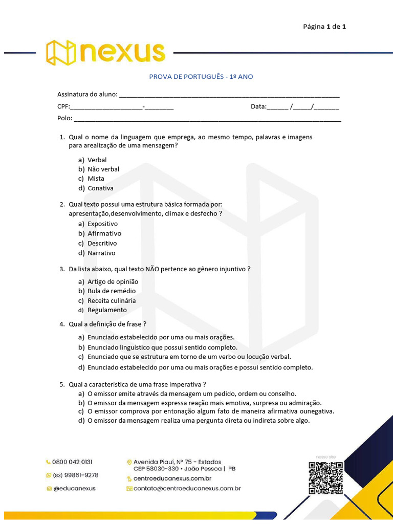 Prova de Português para 1º Ano | PDF