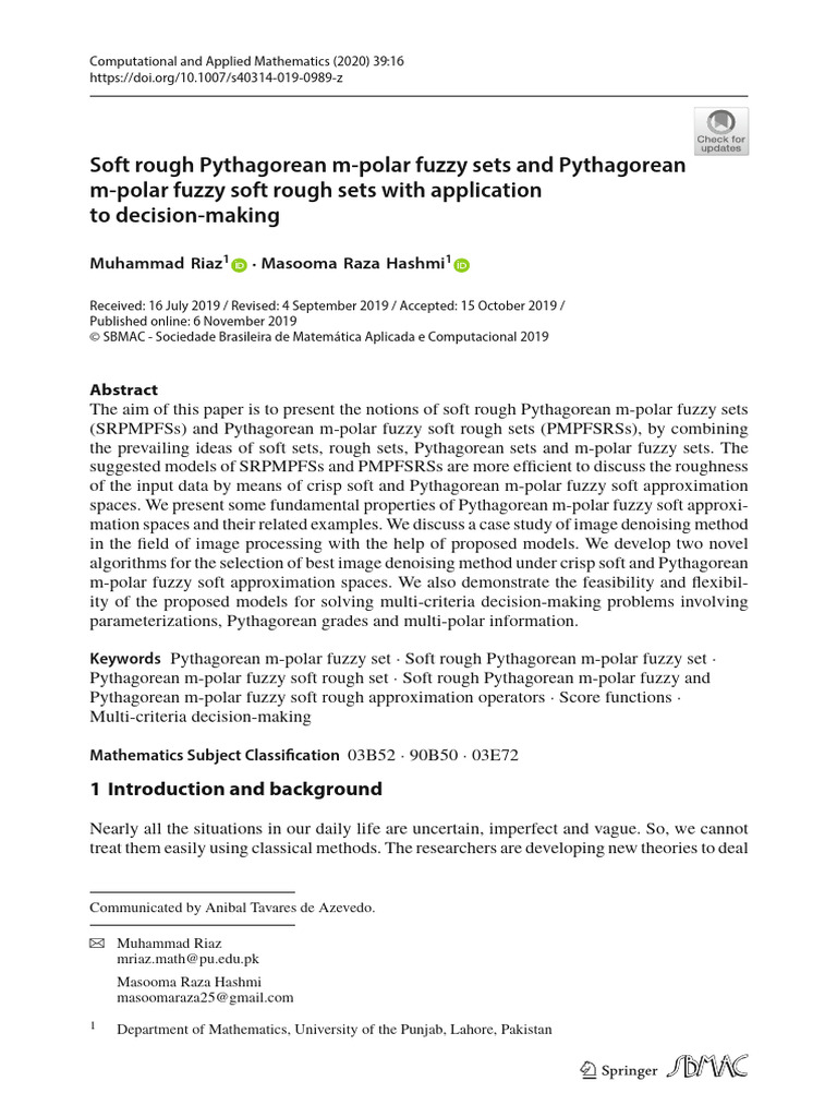 Soft Rough Pythagorean M-Polar Fuzzy Sets and Pythagorean M-Polar Fuzzy ...