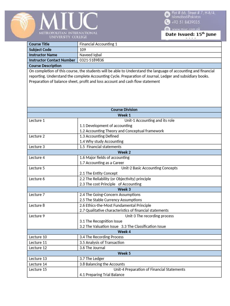 Course Breakup Financial Accounting 1 BBA II | PDF | Financial ...