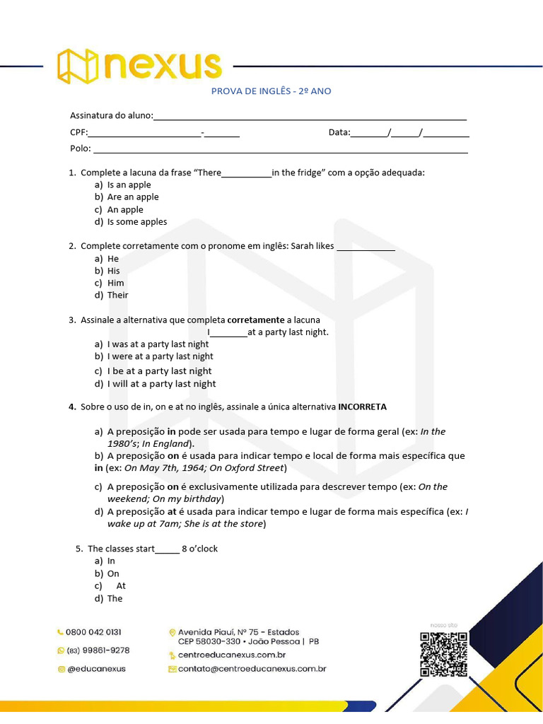 Prova de Inglês para 2º Ano | PDF
