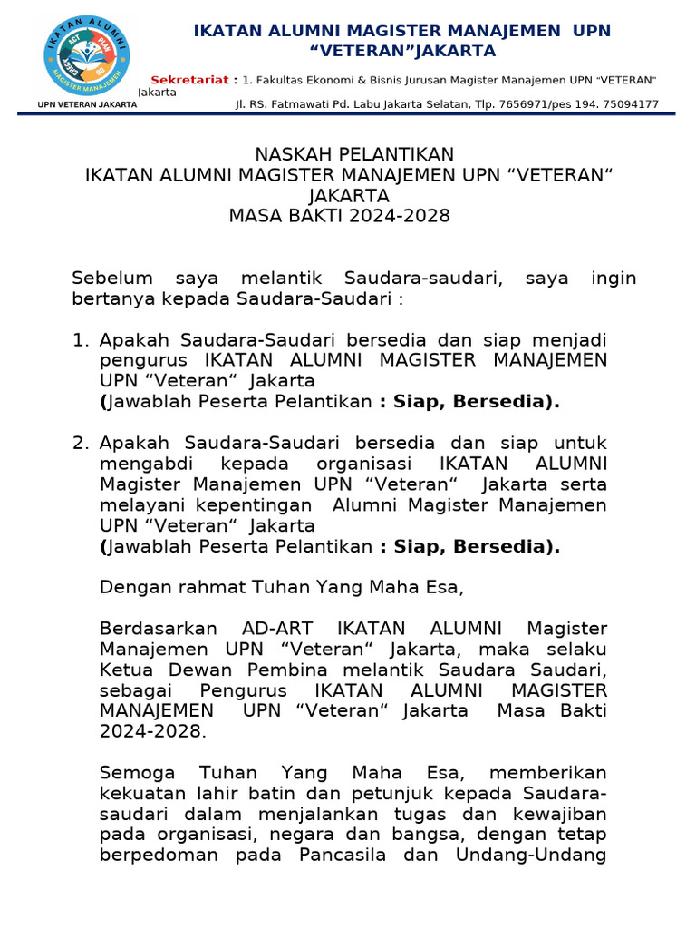 Naskah Pelantikan IKA MM UNVJ 2024-2028 Refisi Lagi Ok | PDF
