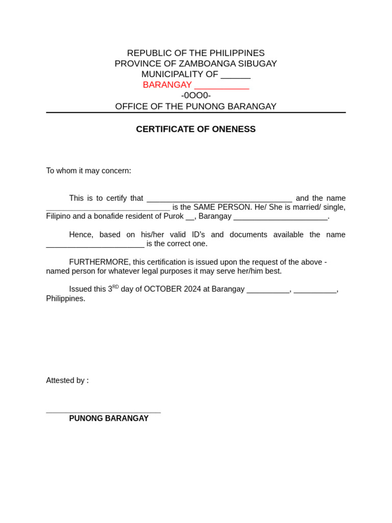 Certificate of Oneness Template | PDF
