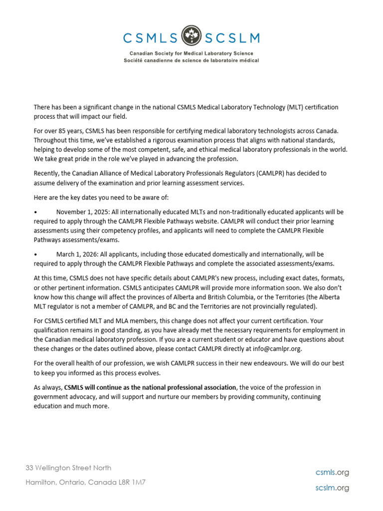 CSMLS Transition to CAMLPR Certification | PDF