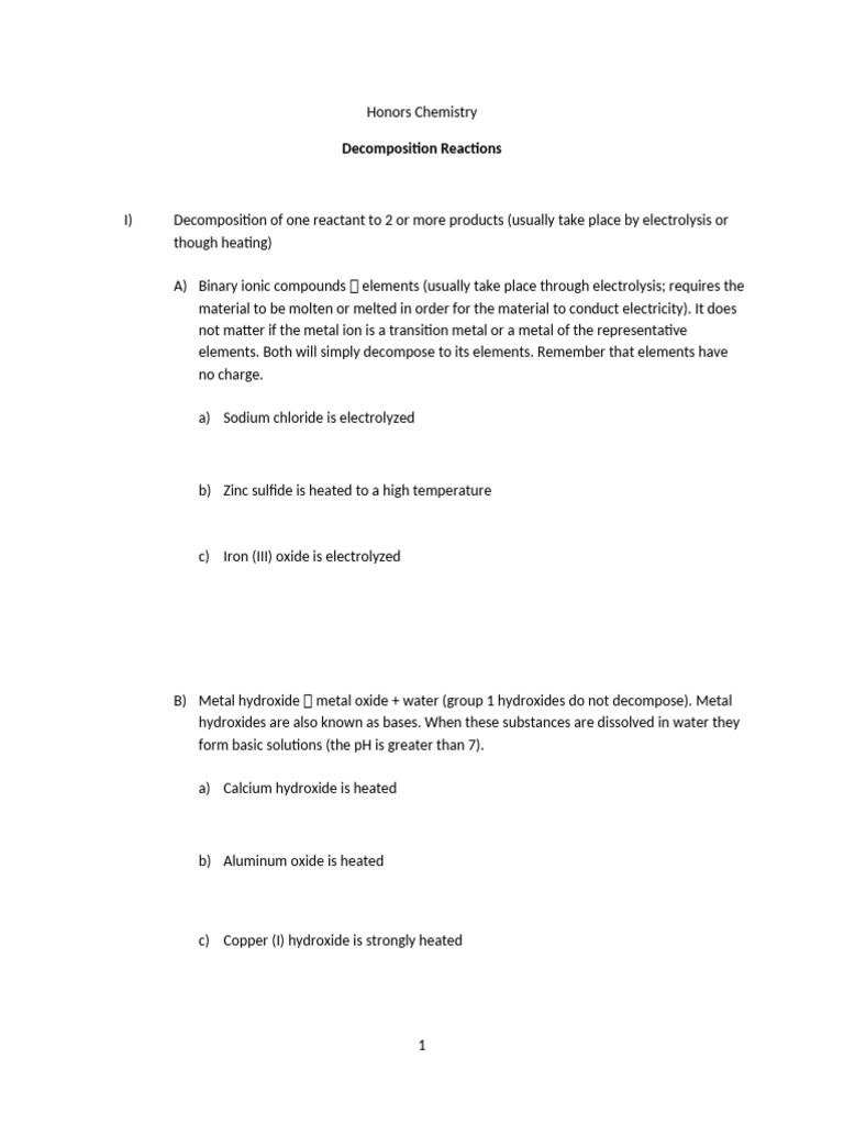 Honors Decomposition Reaction Notes | PDF