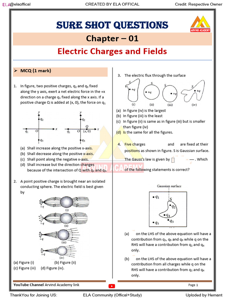 Electric Charges and Fields MCQs Guide | PDF | Electric Field ...