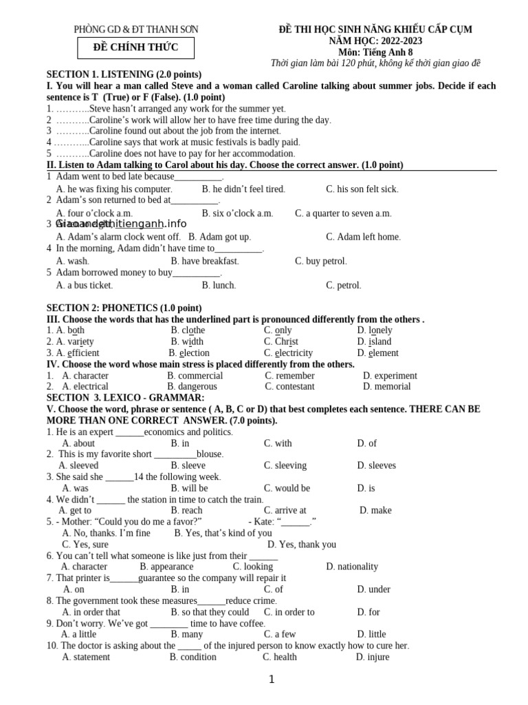 English Exam for Grade 8 Students | PDF