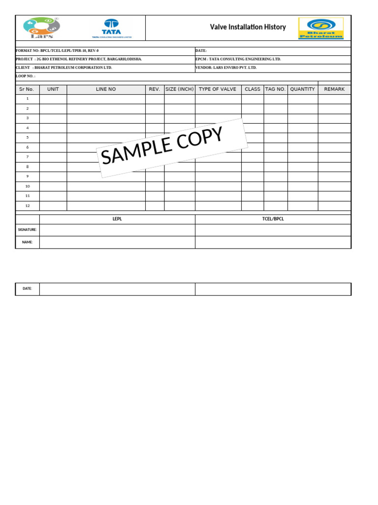 Valve Installation Record for Bio Ethanol Project | PDF