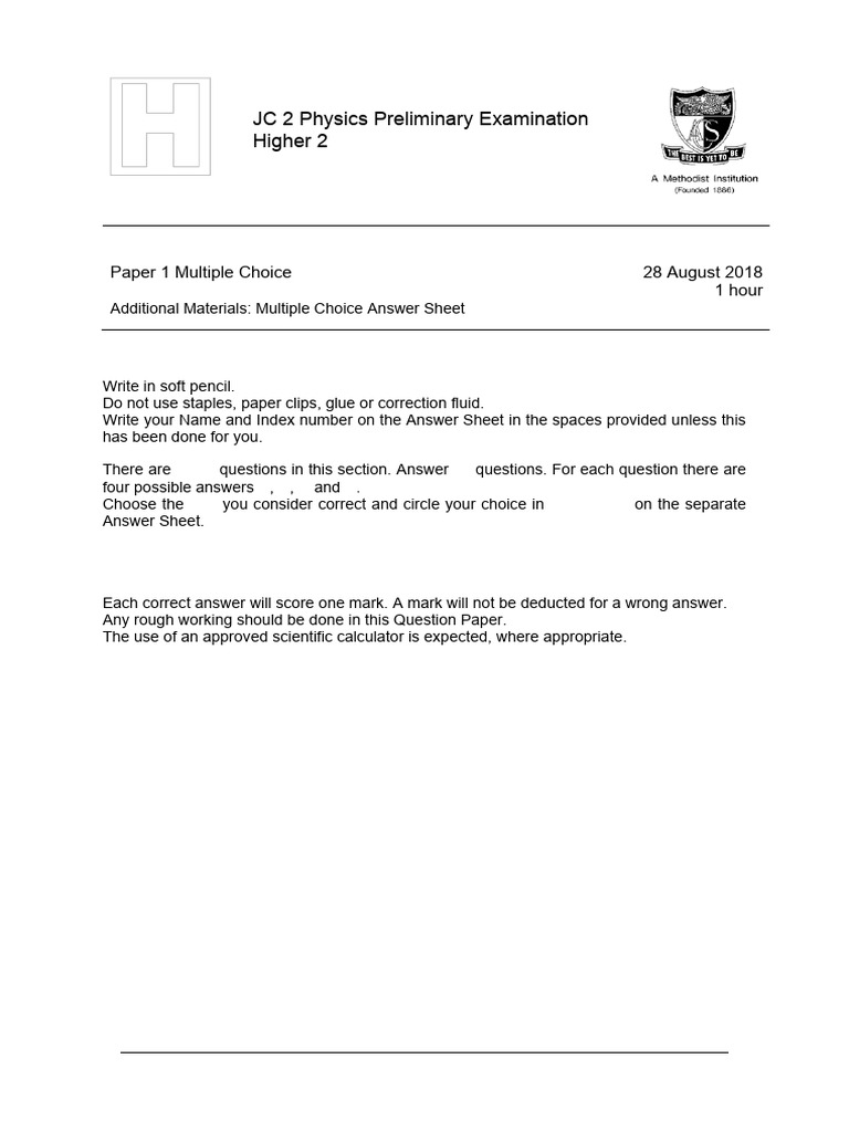 JC2 Physics H2 Preliminary Exam Paper | PDF | Gases | Radiation