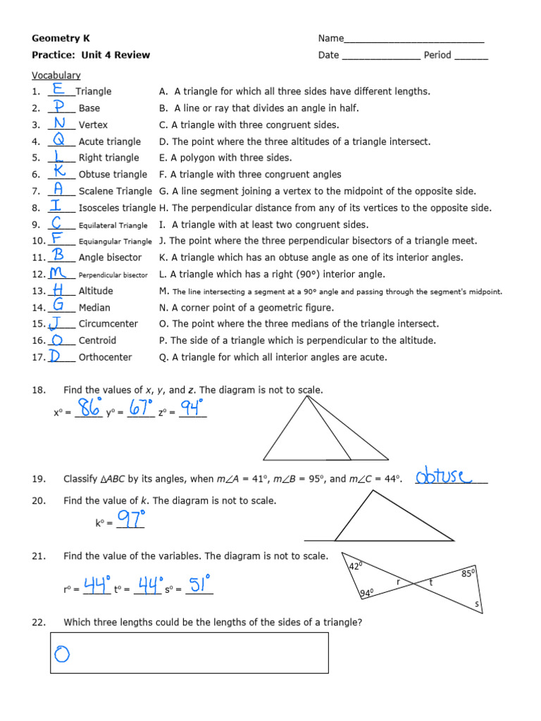 Geometry Unit 4 Review Worksheet | PDF | Triangle | Perpendicular