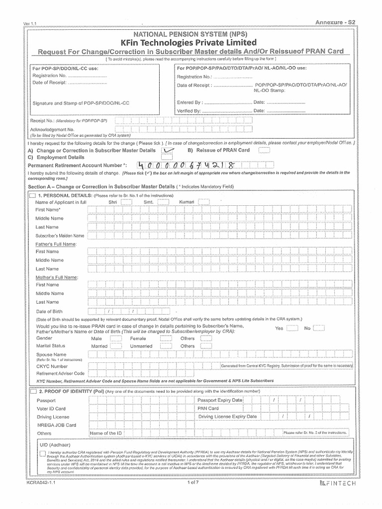 NPS S2 Form for Subscriber Changes | PDF | Identity Document | Taxes