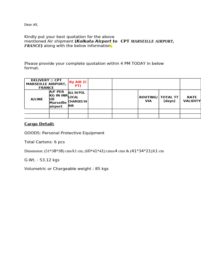 Delta Cargo Quotation Request | PDF