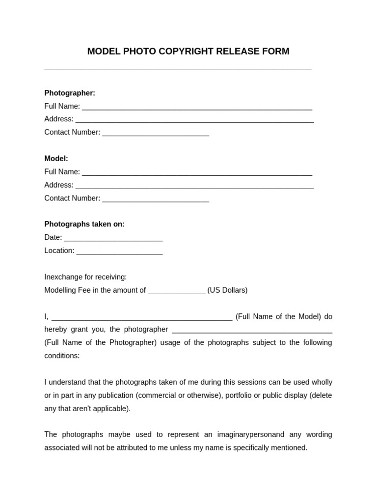 Model Photo Release Form Template | PDF | Photographer | Copyright