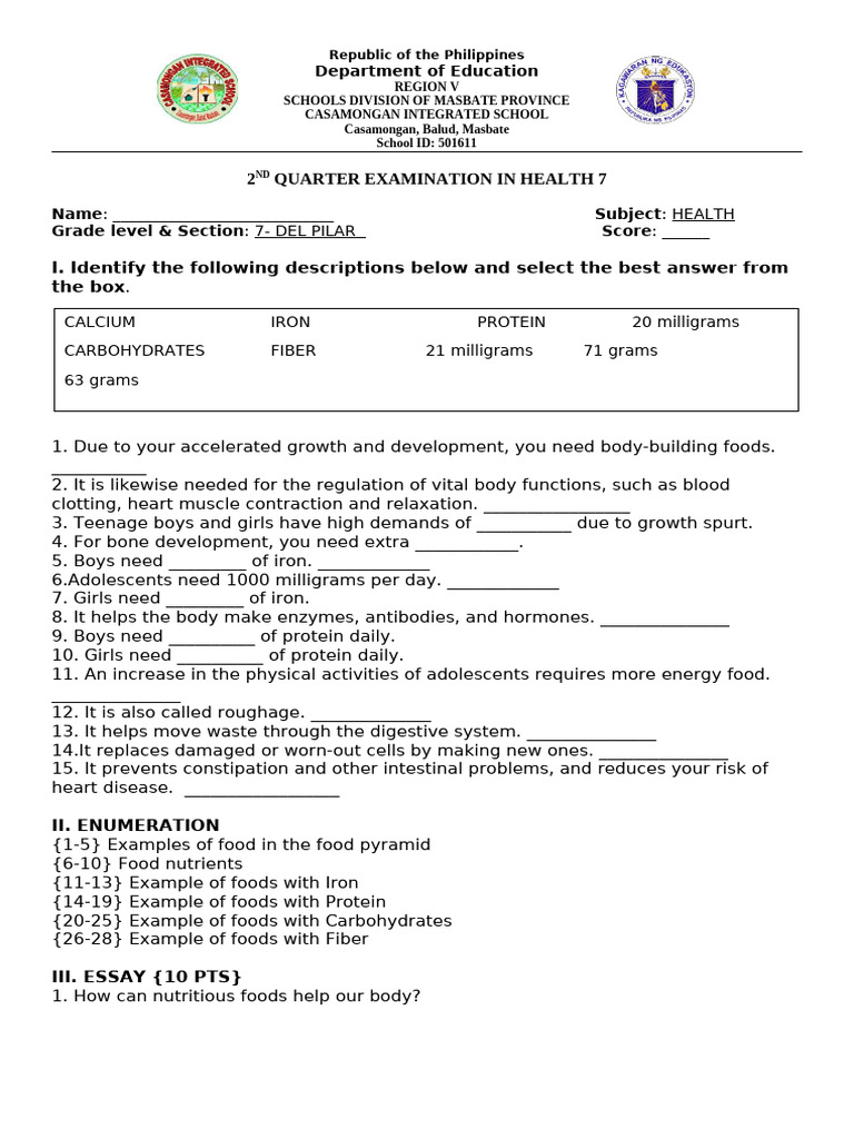Health 7 2nd Quarter Exam Guide | PDF