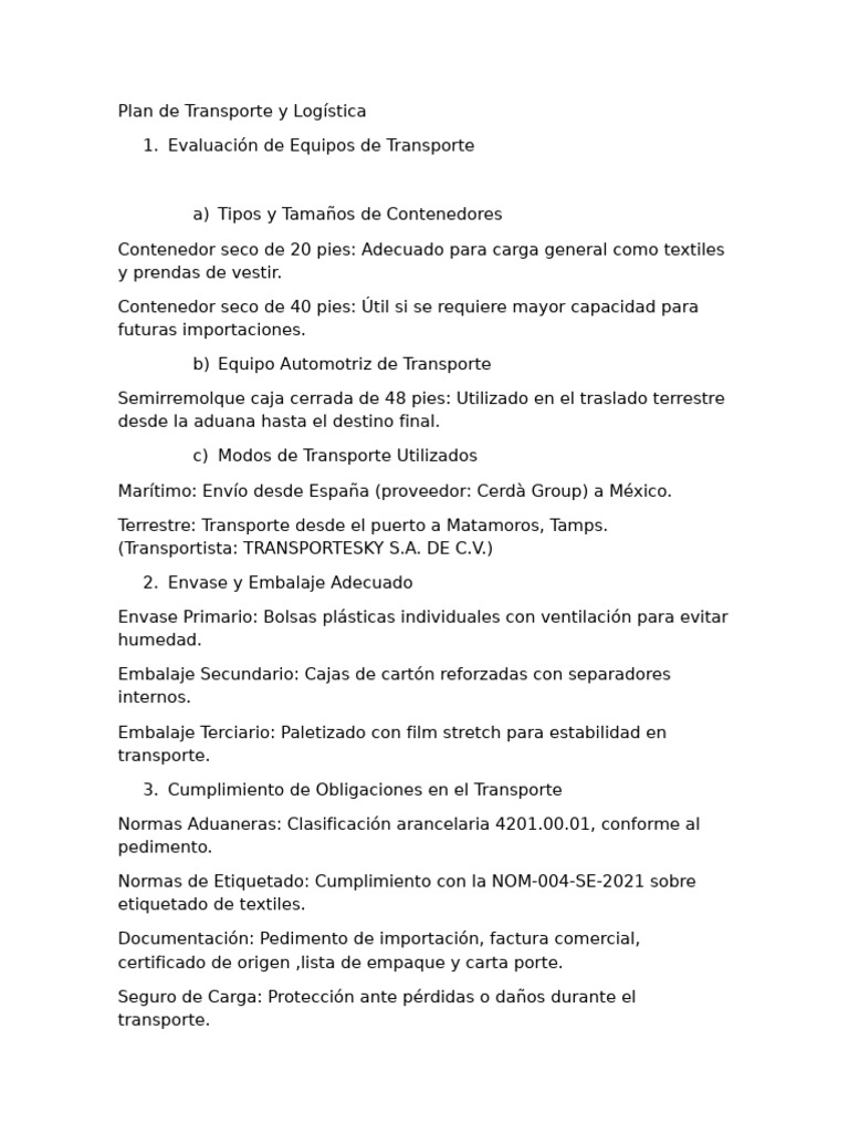 Plan de Transporte y Logística Eficiente | PDF
