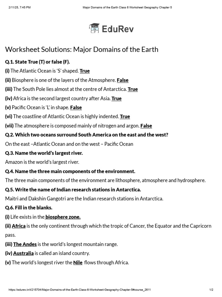 Major Domains of the Earth Class 6 Worksheet Geography Chapter 5 PDF