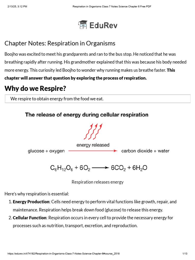 Respiration in Organisms Class 7 Notes Science Chapter 6 Free PDF | PDF ...