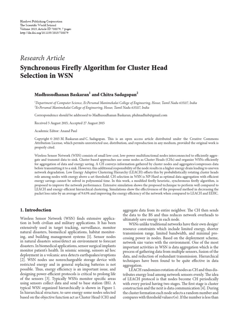 Synchronous Firefly Algorithmfor Cluster Head Selectionin WSN | PDF ...