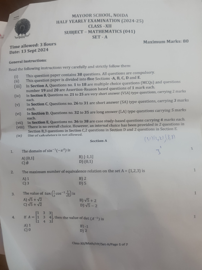 Maths Half Yearly Class 12 24 25 | PDF | Functions And Mappings ...