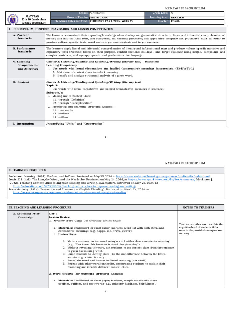 K to 10 English Lesson Plan: Context Clues | PDF | Word | Reading ...