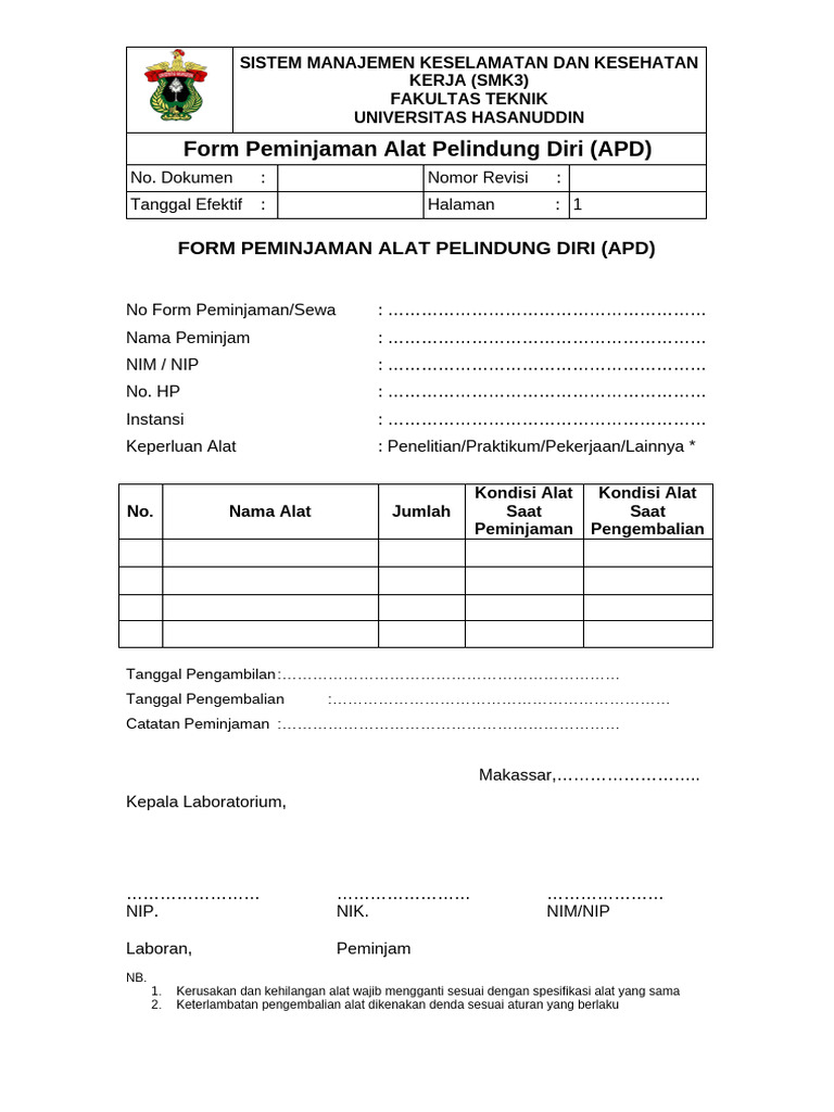 Form Peminjaman APD SMK3 Unhas | PDF