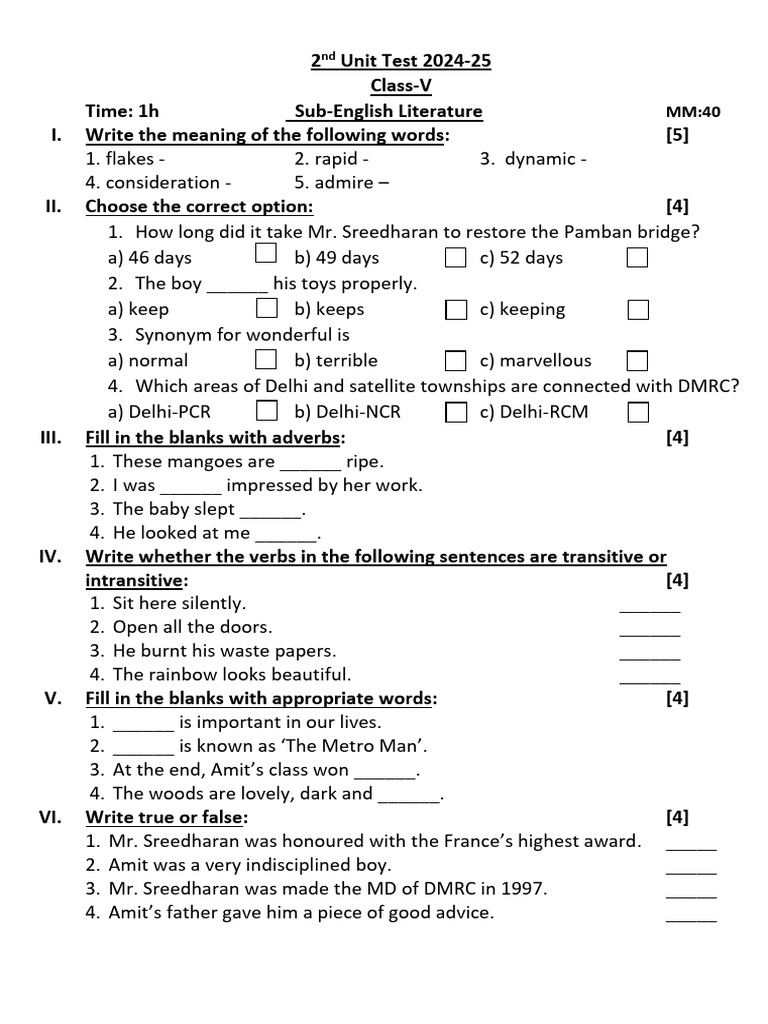 Class V English Literature UT-2 | PDF | Languages | Foreign Language ...