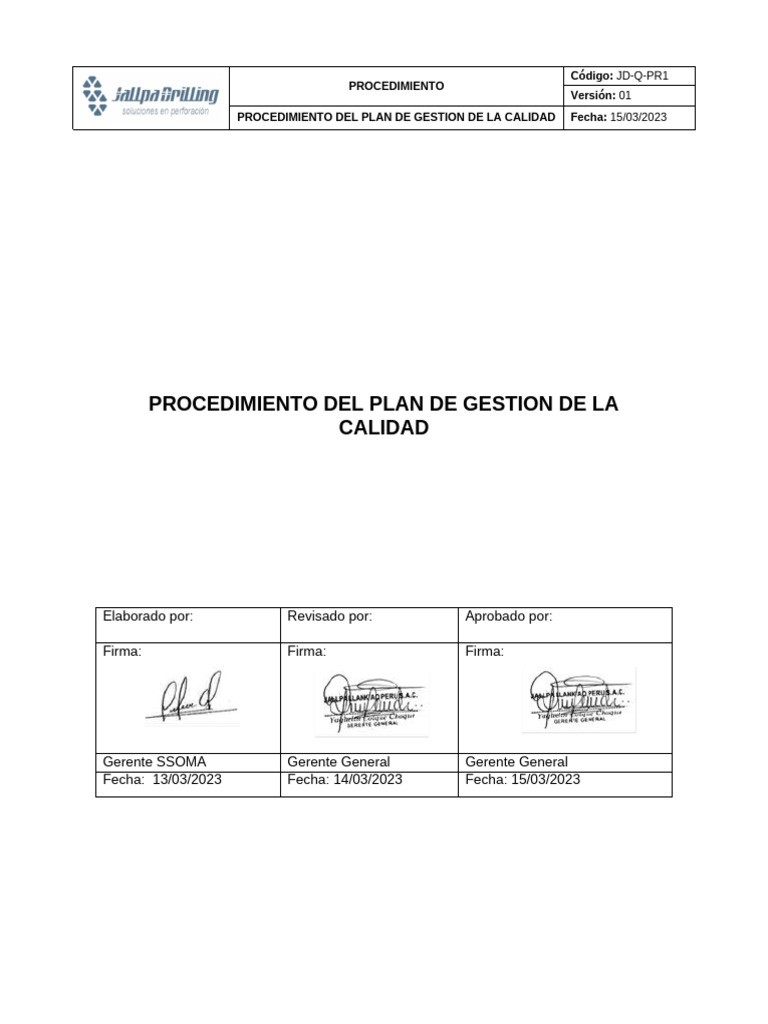 Procedimiento Del Plan de Gestion de La Calidad | PDF | Business ...
