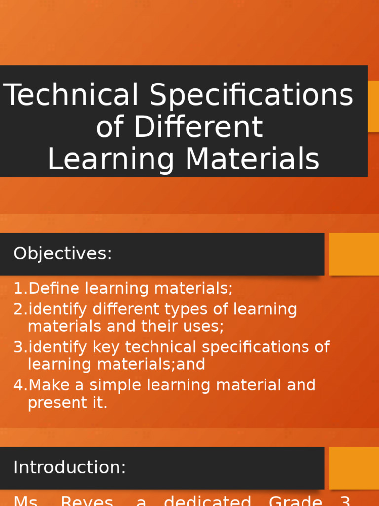 Updated Real Technical Specifications of Different Learning Materials ...