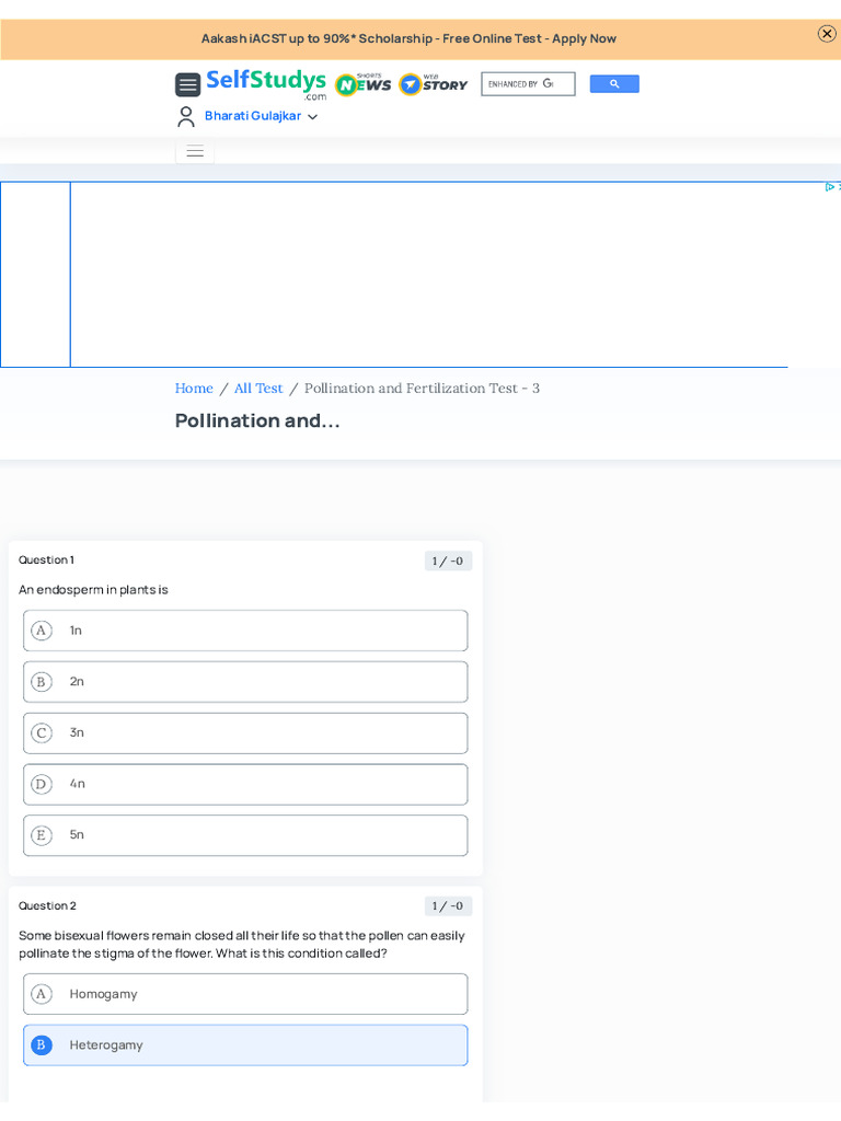 Pollination and Fertilization Test - 3 | PDF | Flowers | Pollination
