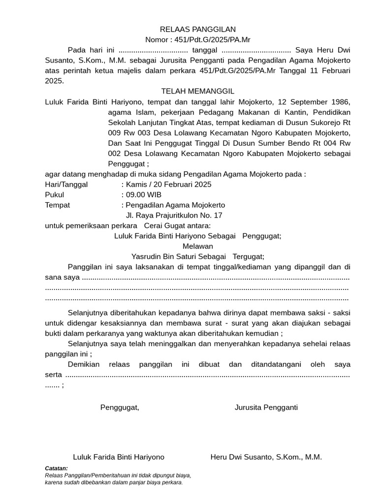 RELAAS SIDANG PERTAMA PIHAK1 451 PDT G 2025 PA MR | PDF