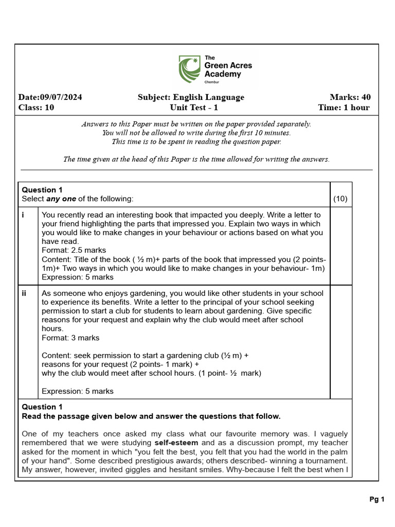 Grade 10 English Unit Test Answers | PDF | Books
