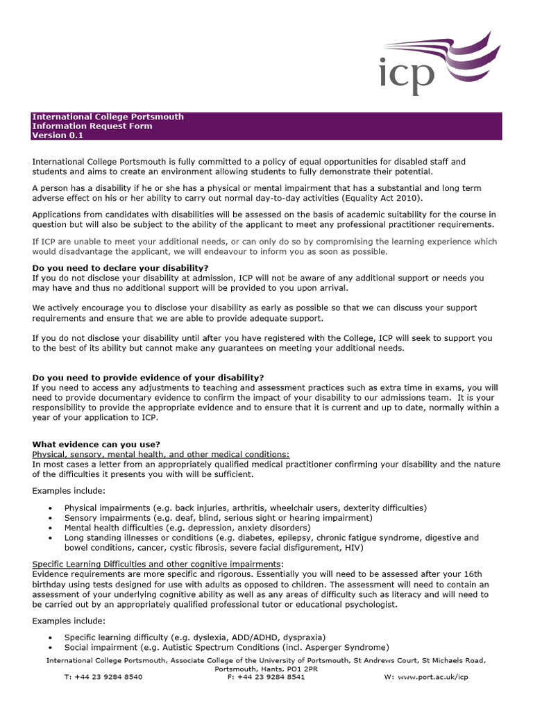 Disability Support Request Form | PDF | Disability | Learning Disability