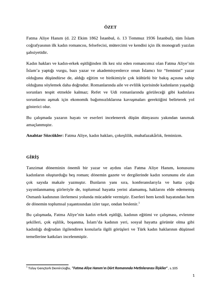 Fatma Aliye Hanım Ve Fikir Dünyası | PDF