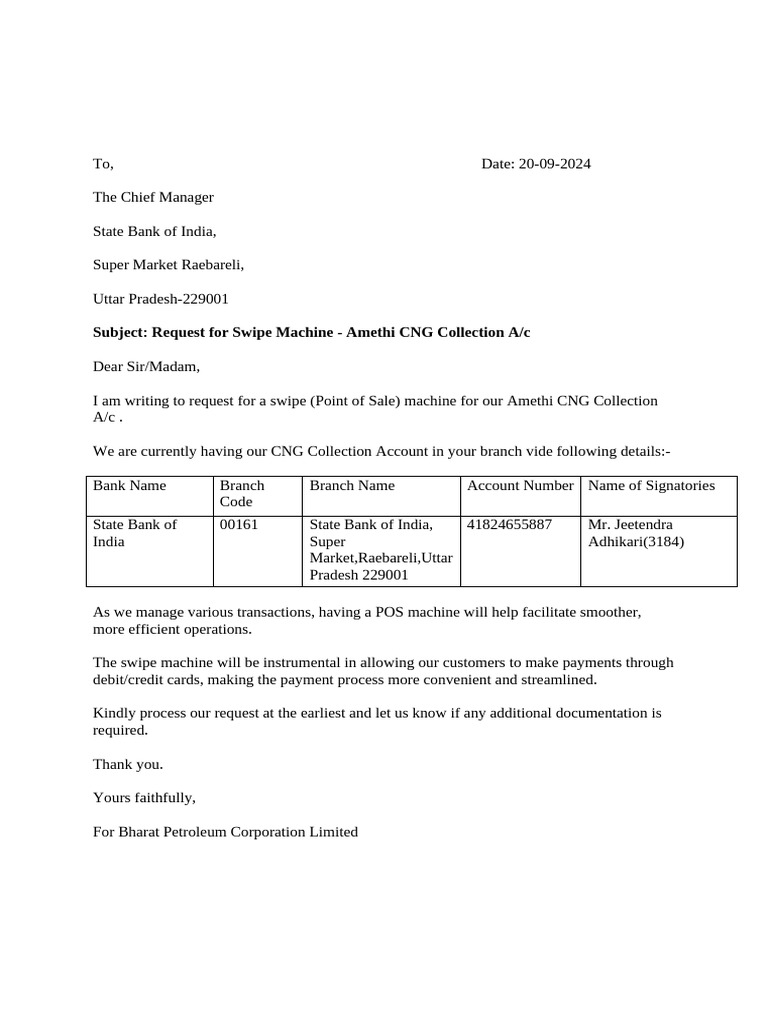 Request for POS Machine for CNG A/c | PDF