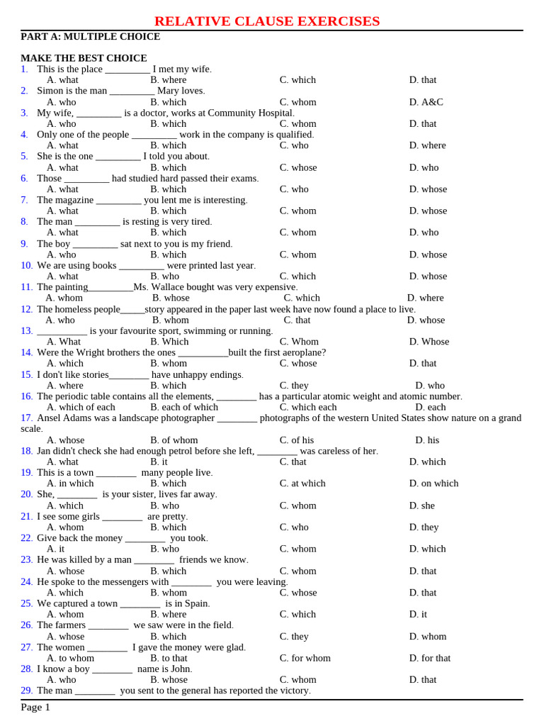 Relative Clause Exercises for Practice | PDF