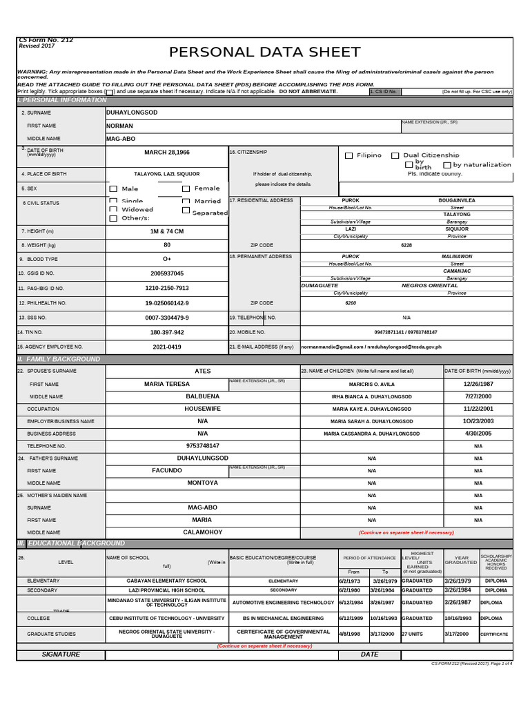 Excel File CSC Personal Data Sheet PDS 2017 | PDF