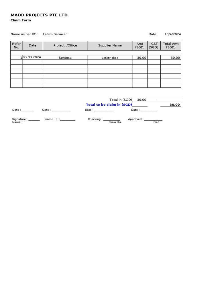 Petty Cash Claim Form: Fahim Sarower | PDF