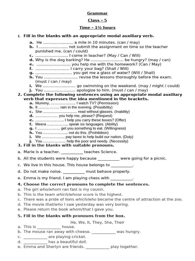Class 5 English Grammar Exercises | PDF | Linguistics | Linguistic ...