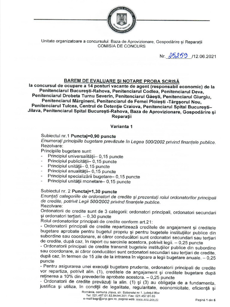 Barem de Evaluare Si Notare Proba Scrisa Agent Resp. Economic | PDF