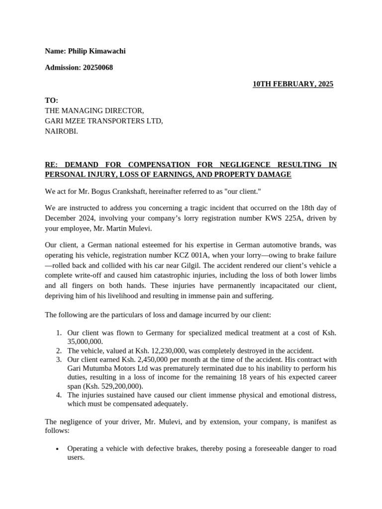 Compensation Demand for Negligence | PDF | Negligence | Private Law