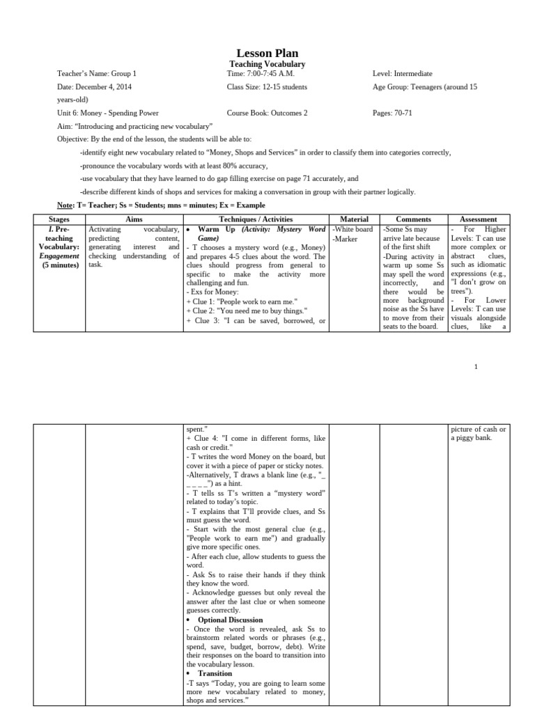 Lesson Plan Teaching Vocabulary Group 1 Finisheddoc | PDF | Vocabulary ...