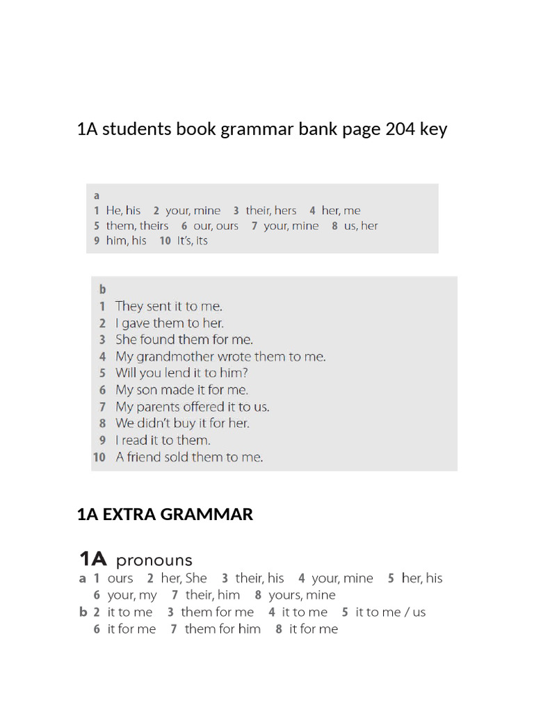 1A Student's Book Page 204 Key& Extra Grammar Key | PDF