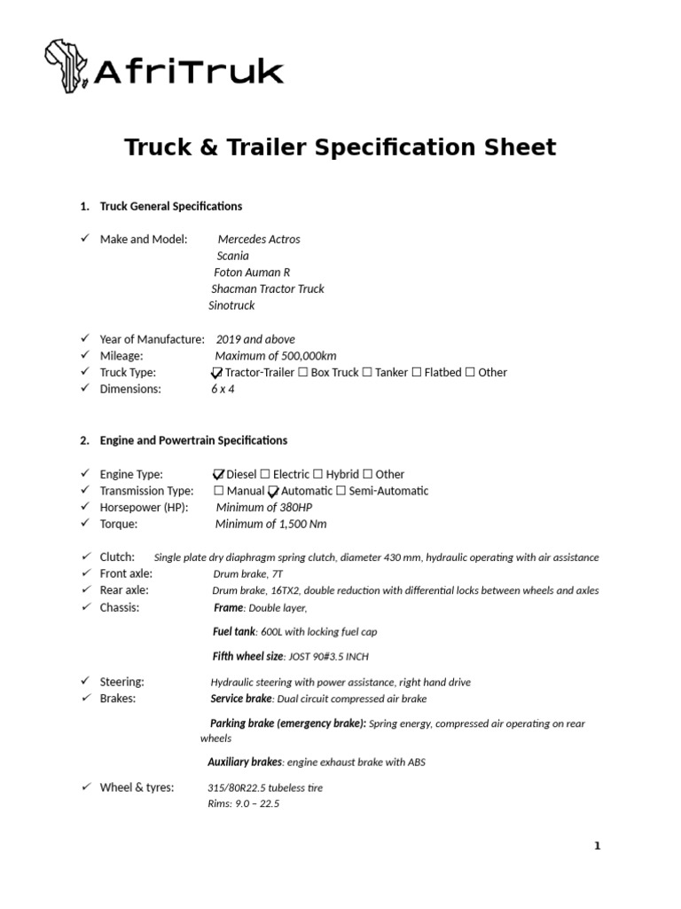 Afrit Trailer Parts Specifications | PDF | Truck | Semi Trailer Truck