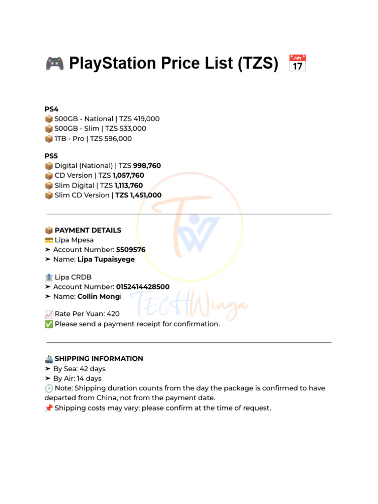 PlayStation Price List in TZS | PDF
