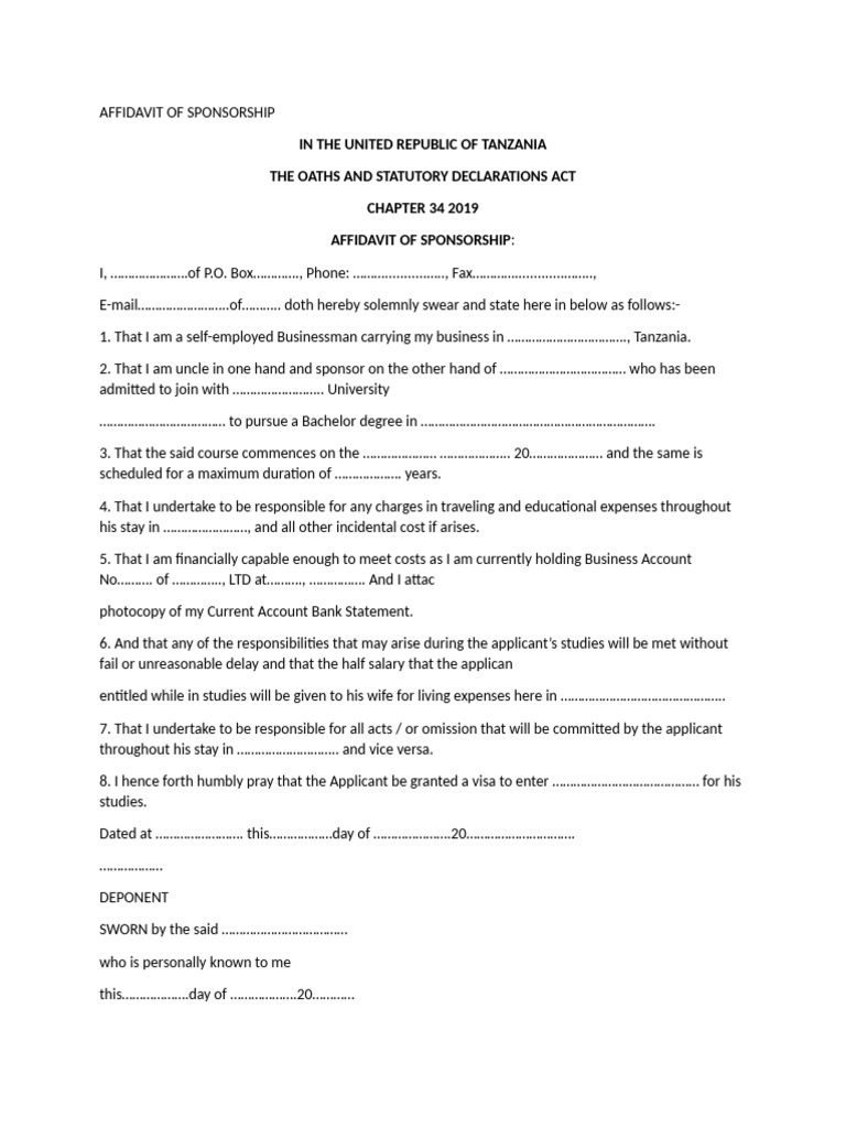 Affidavit of Sponsorship in Tanzania | PDF
