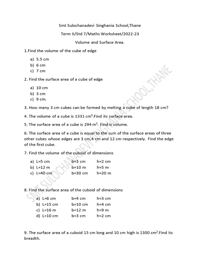 Std 7 Maths: Volume & Surface Area Worksheet | PDF