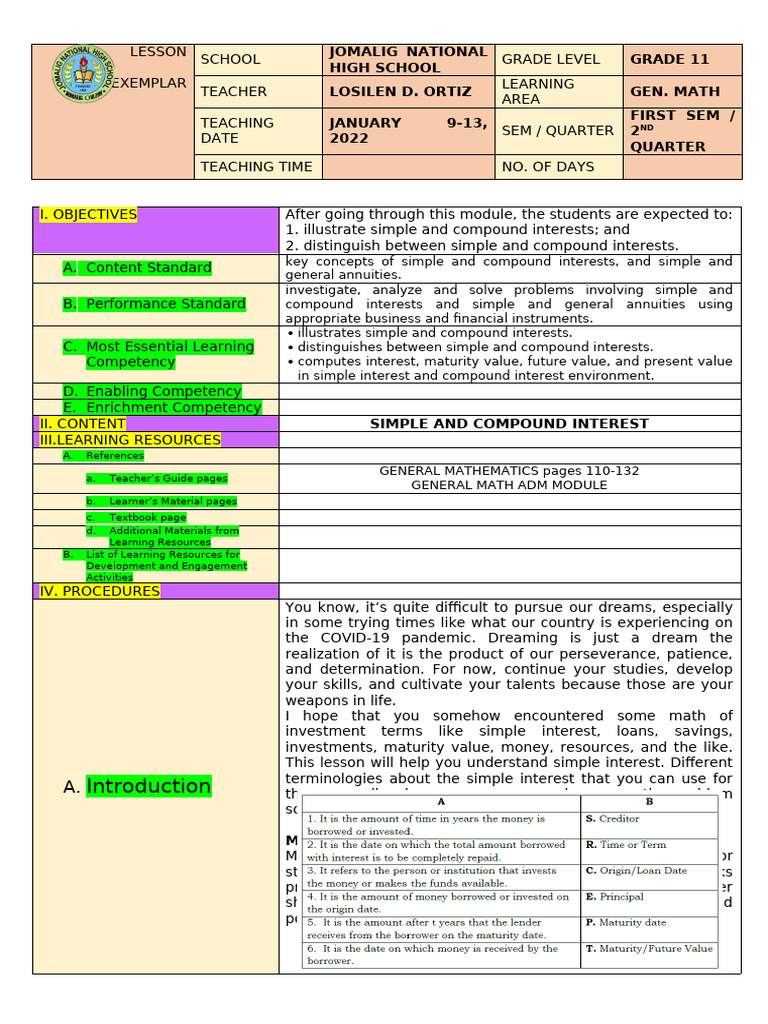 3 - Lesson Exemplar Gen Math | PDF | Interest | Debt