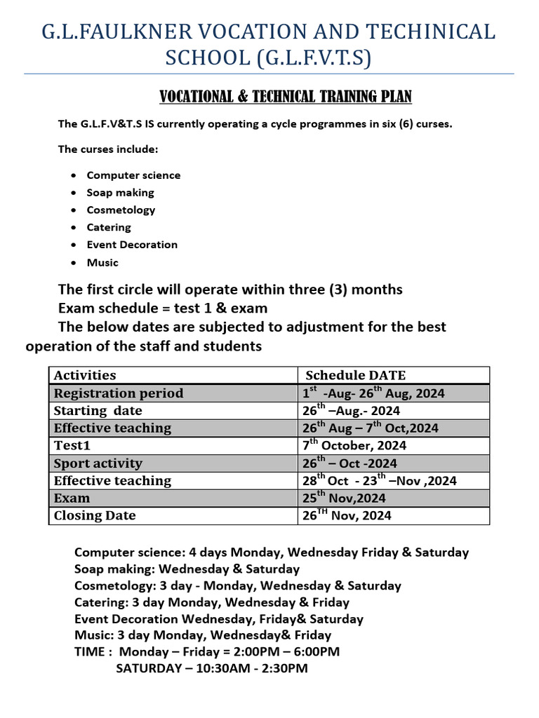 G.L.F.V.T.S Vocational Training Schedule | PDF