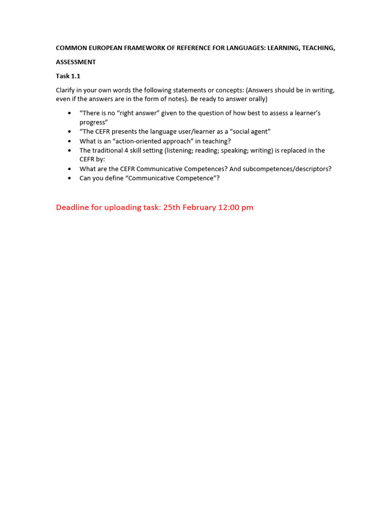 Common European Framework of Reference For Languages - Task 1.1 | PDF