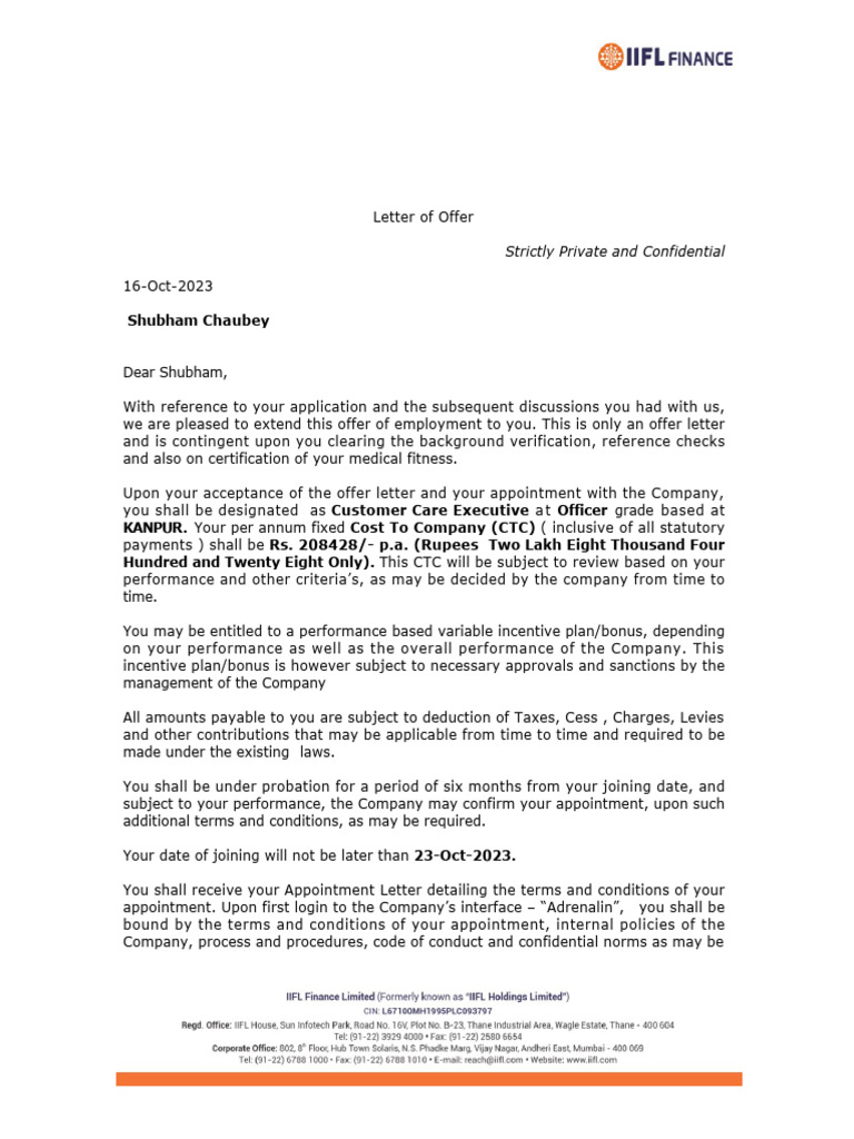 Offer Letter (Shubham) | PDF